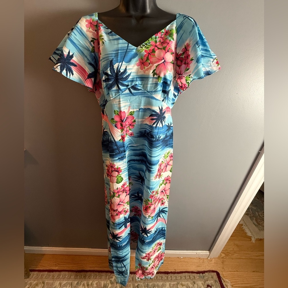 Pomare Honolulu Hawaii Vtg 1960's-70's Maxi Dress Flutter Sleeve Muumuu Sz 12